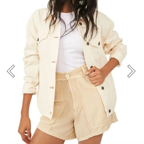 Free People Jolene Oversized Denim Trucker Jacket in Ecru Cream size Large - Picture 6 of 13